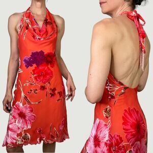 Cache silk floral halter midi dress velvet burnout cowl neck open back orange 2